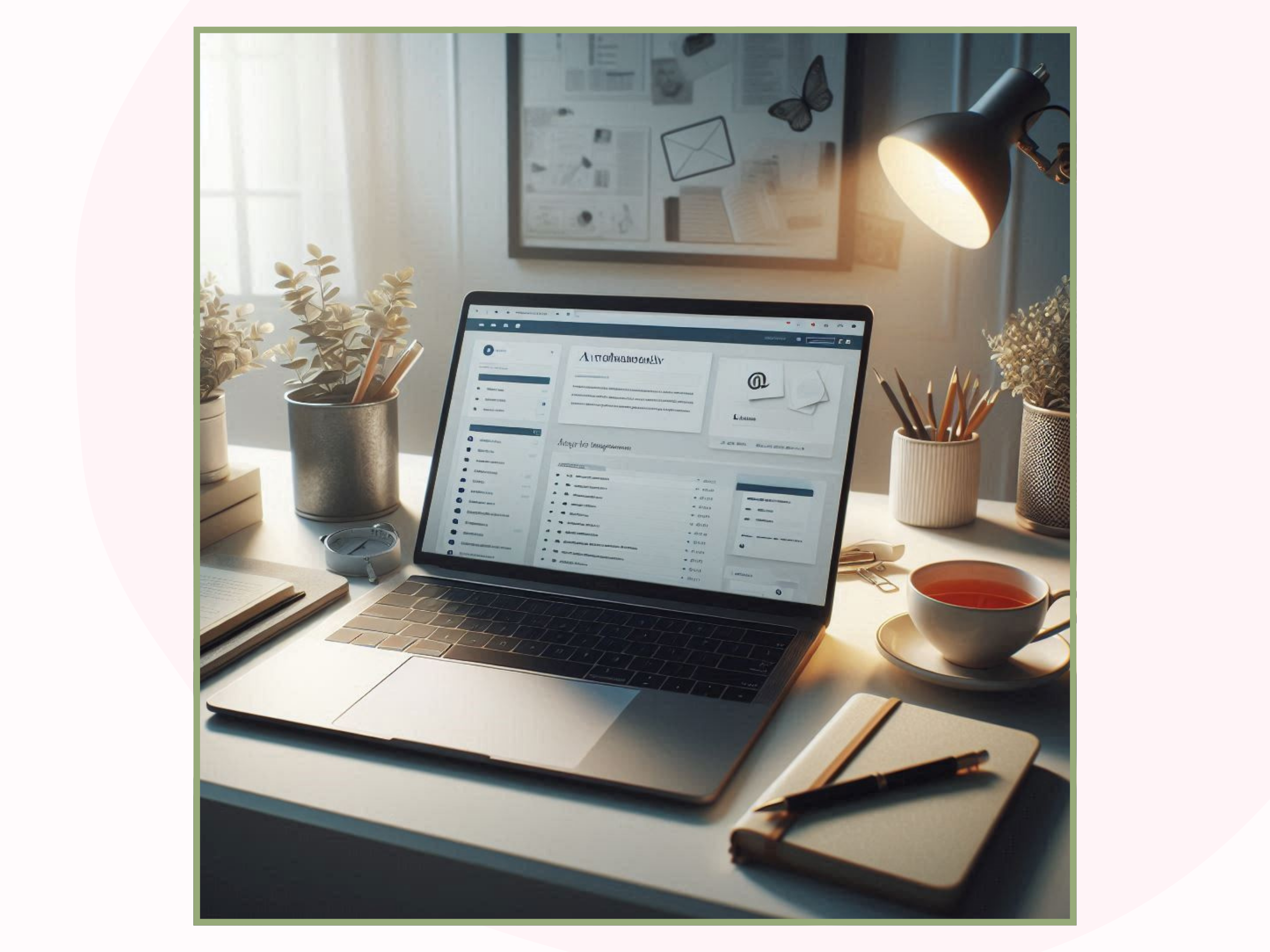 Feature Highlight v01 (4) clean minamilist desk with a laptop and flower bouquet