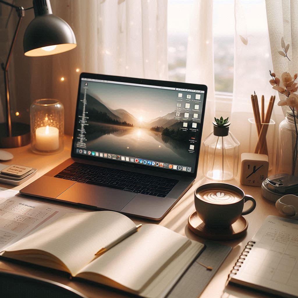 _9236b216-6936-4194-ab3c-95c8fcf0cbdb clean minamilist desk with a laptop and flower bouquet
