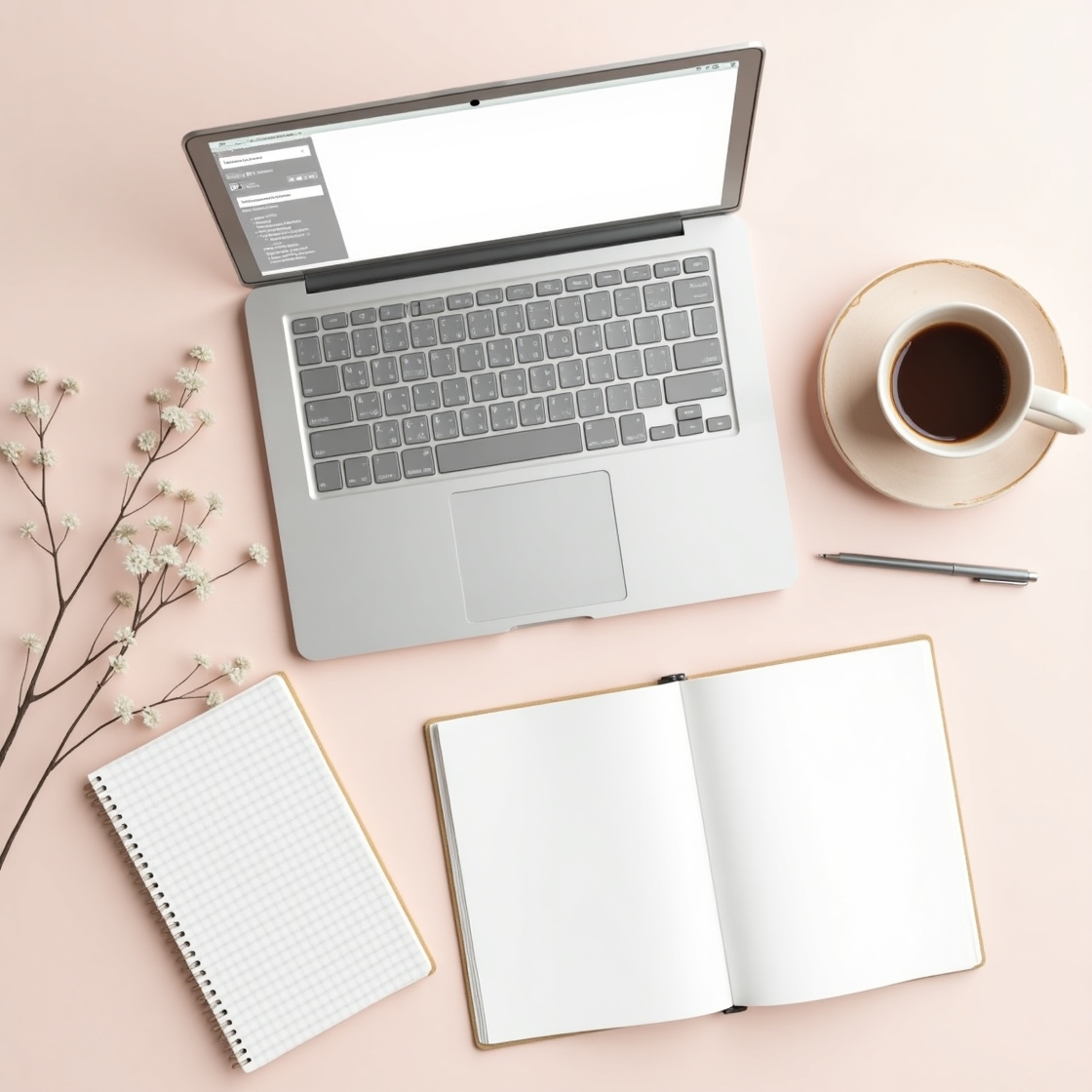 Flux_Dev_A_serene_flat_lay_workspace_with_a_calming_atmosphere_0 clean minamilist desk with a laptop and flower bouquet