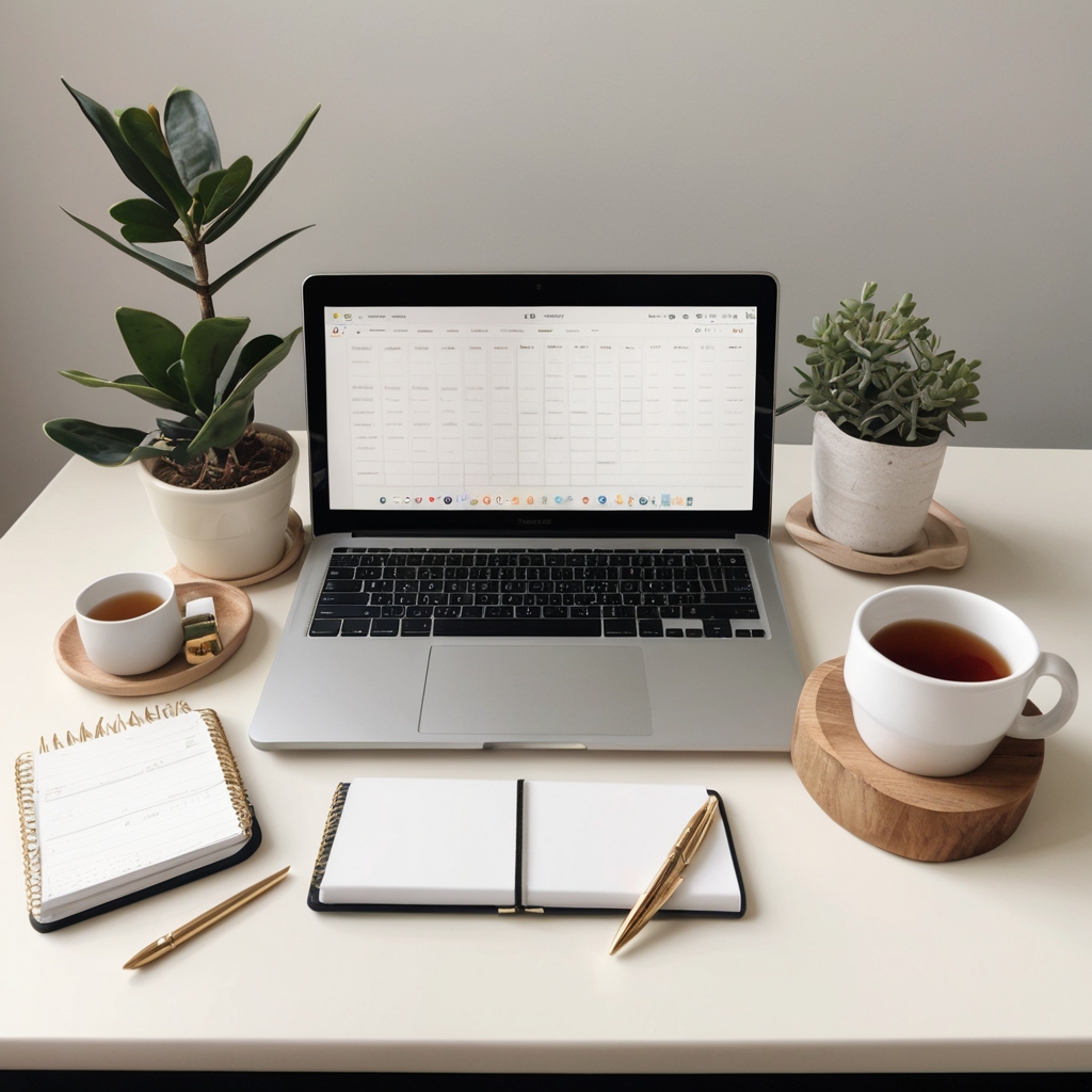 Leonardo_Vision_XL_A_clean_and_organized_workspace_laptop_tea_3 lotus flower